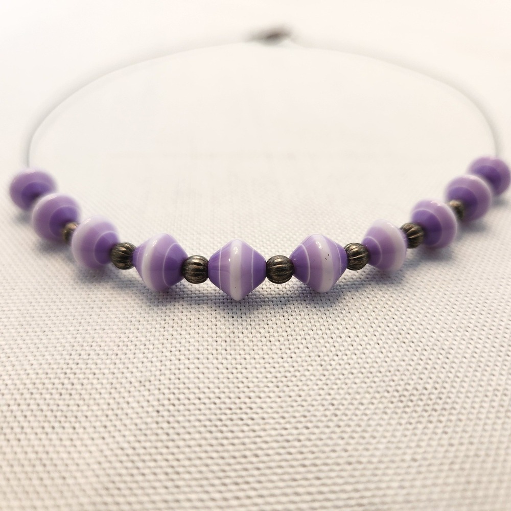 Faux Wampum Chocker Necklace Handmade Purple White Striped Silver Bead Wire Cord
